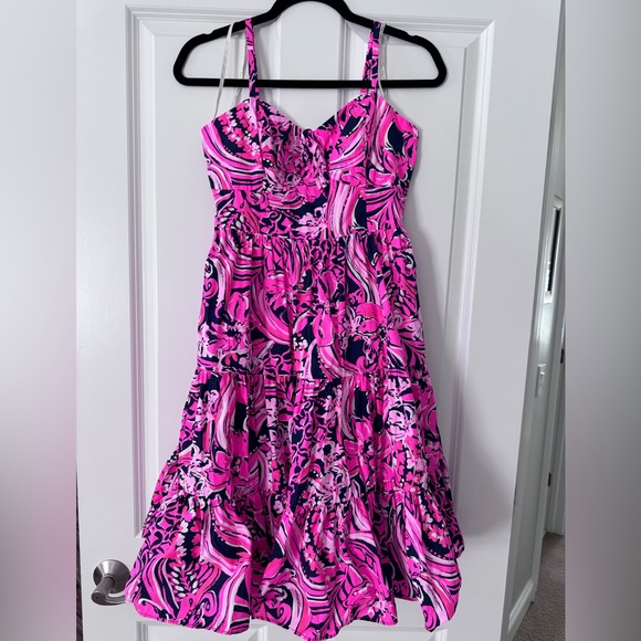 Lilly Pulitzer Adalia Fit & Flare Dress SZ 4 Low Tide Navy Flirty Fins & Feather - Picture 6 of 16